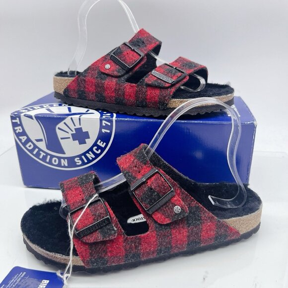 Birkenstock Arizona Rivet Shearling Sandal Red Black Plaid Wool EU 39 US 8- 8.5 - Picture 1 of 10
